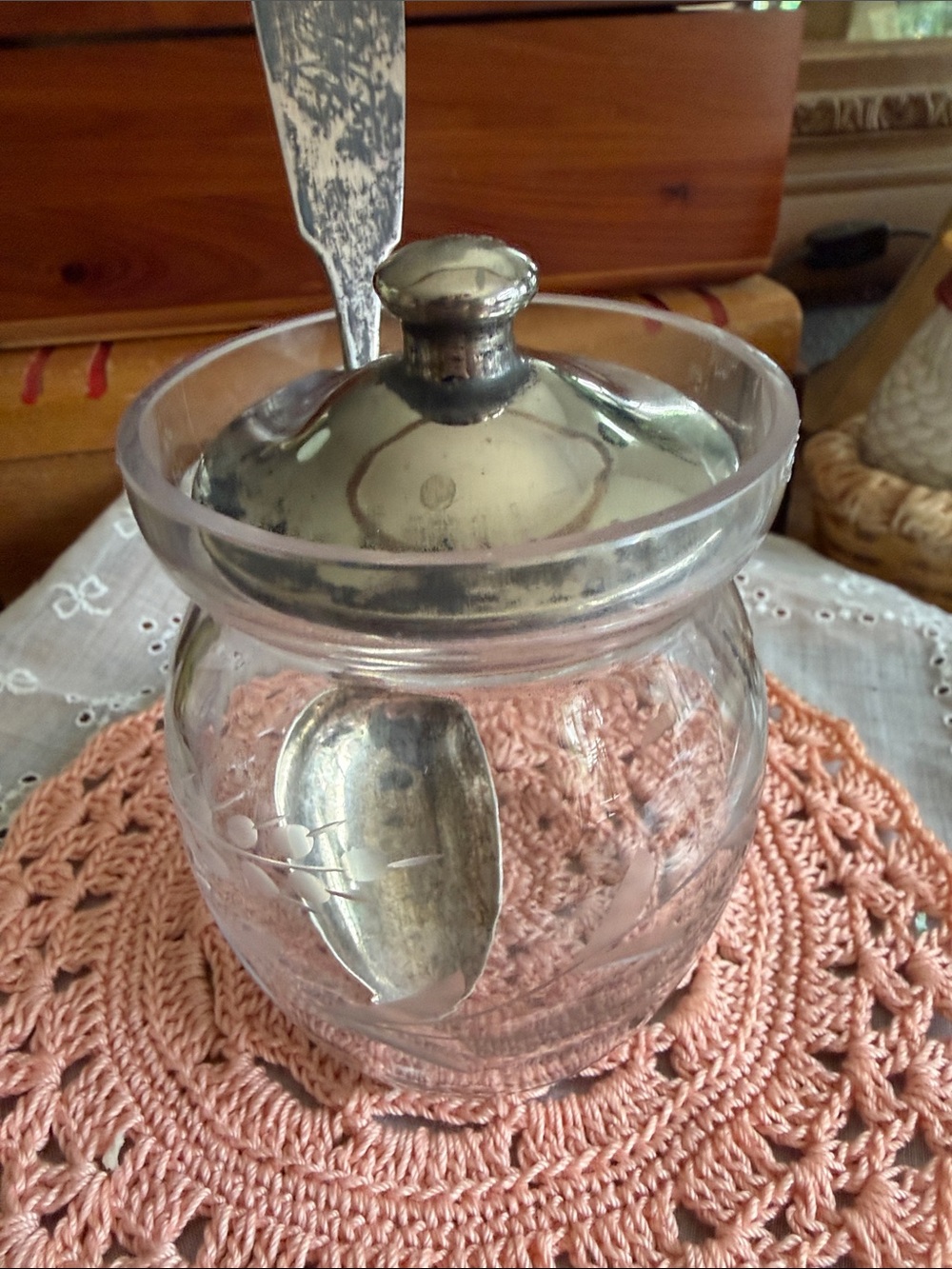 Clear Glass Honey Jar with Silver-Tone Lid and Spoon